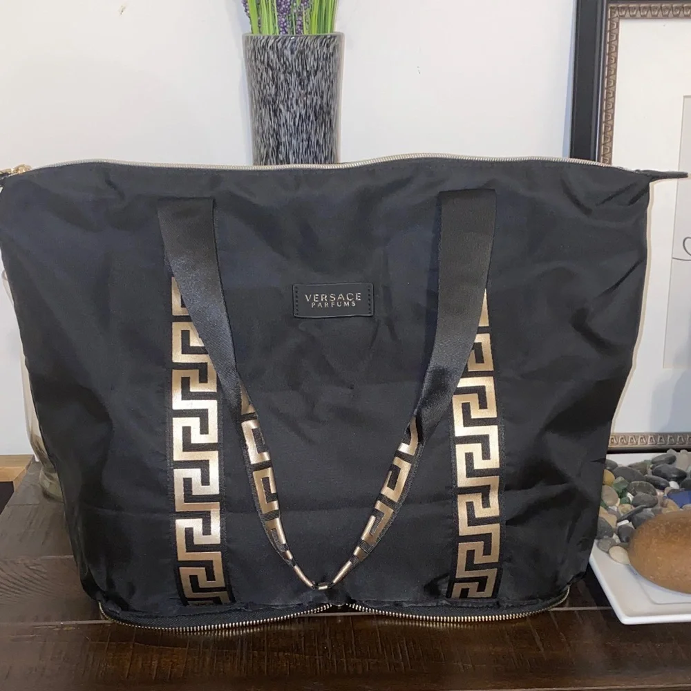 New! Versace Large Black Foldable Weekend Tote with Gold Accents - Picture 2 of 16